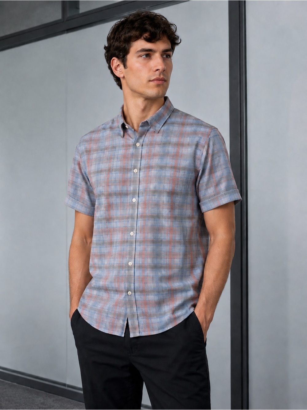 Calvin Klein Short-Sleeve Plaid Button-Down Shirt - Blue & Brown